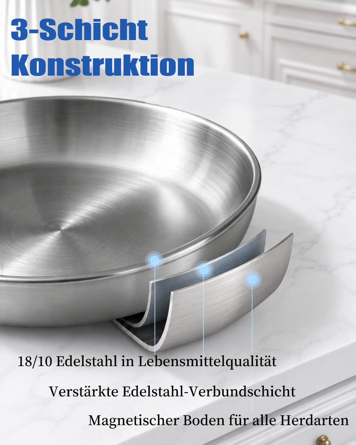 Edelstahlpfannen Set 3-teilig, Pfannen Induktion Ø 20+26+30 cm