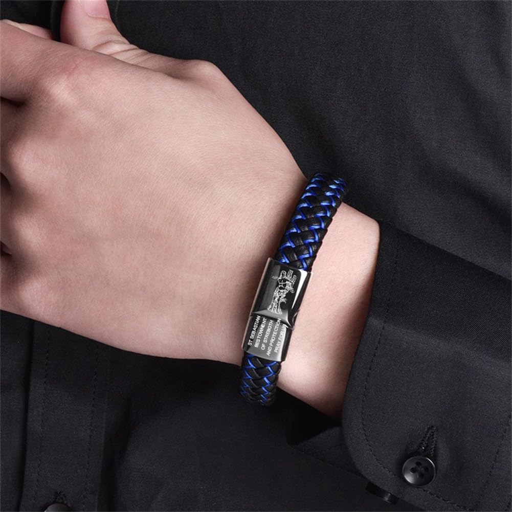 Saint Sebastian Bracelet for Men,Engraved ST Sebastian Cuff Bracelets Stainless Steel Genuine Leather Bangle Patron St Amulet Medal Protection Jewelry Catholic Gift