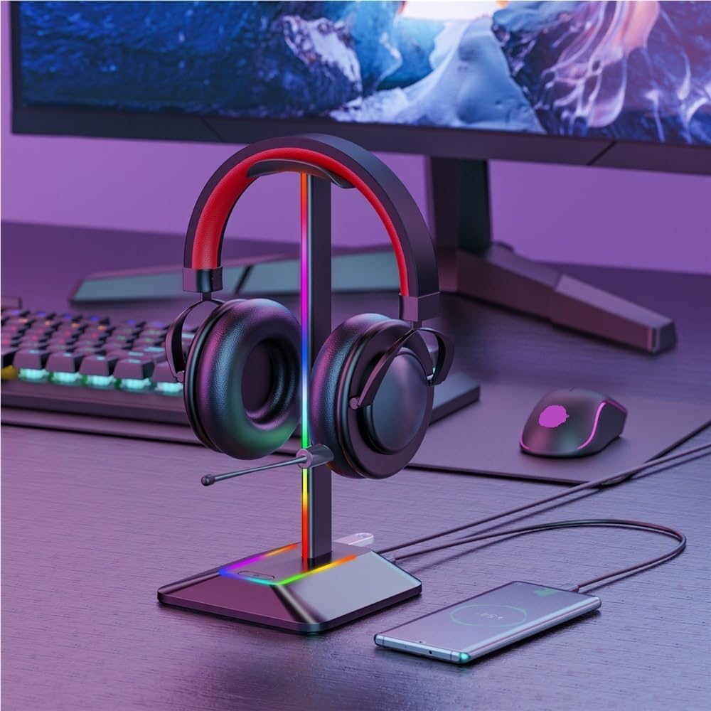 Supporto per cuffie RGB con 2 porte USB, da scrivania, per gaming, con base in gomma antiscivolo, per giocatori (argento)
