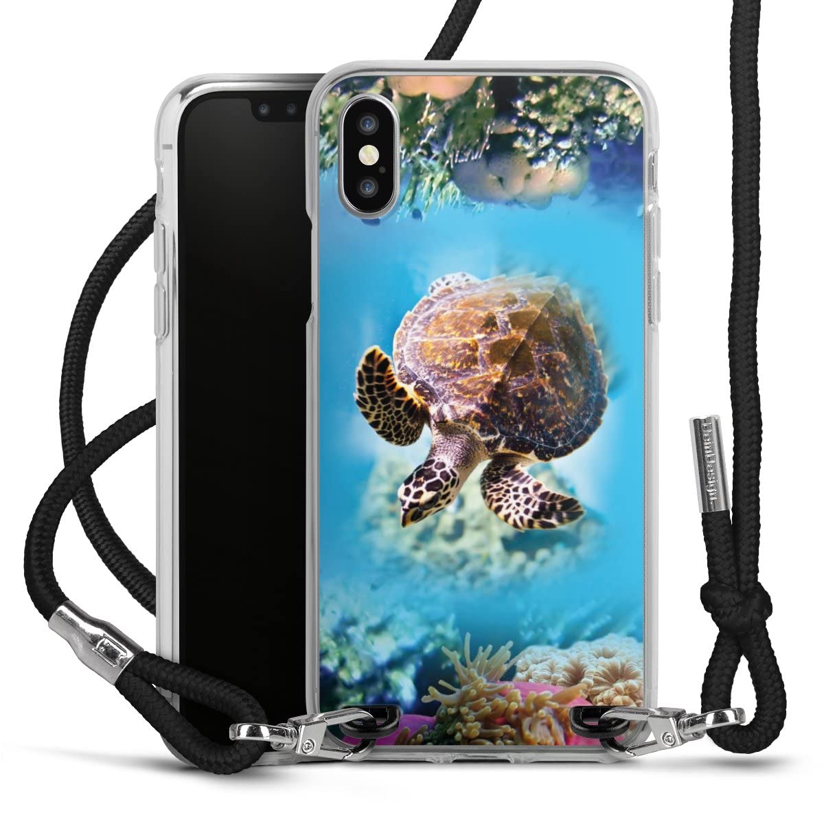 Carry Case kompatibel mit Apple iPhone X Hülle mit Band Handykette zum Umhängen schwarz Tiere Meer Schildkröte