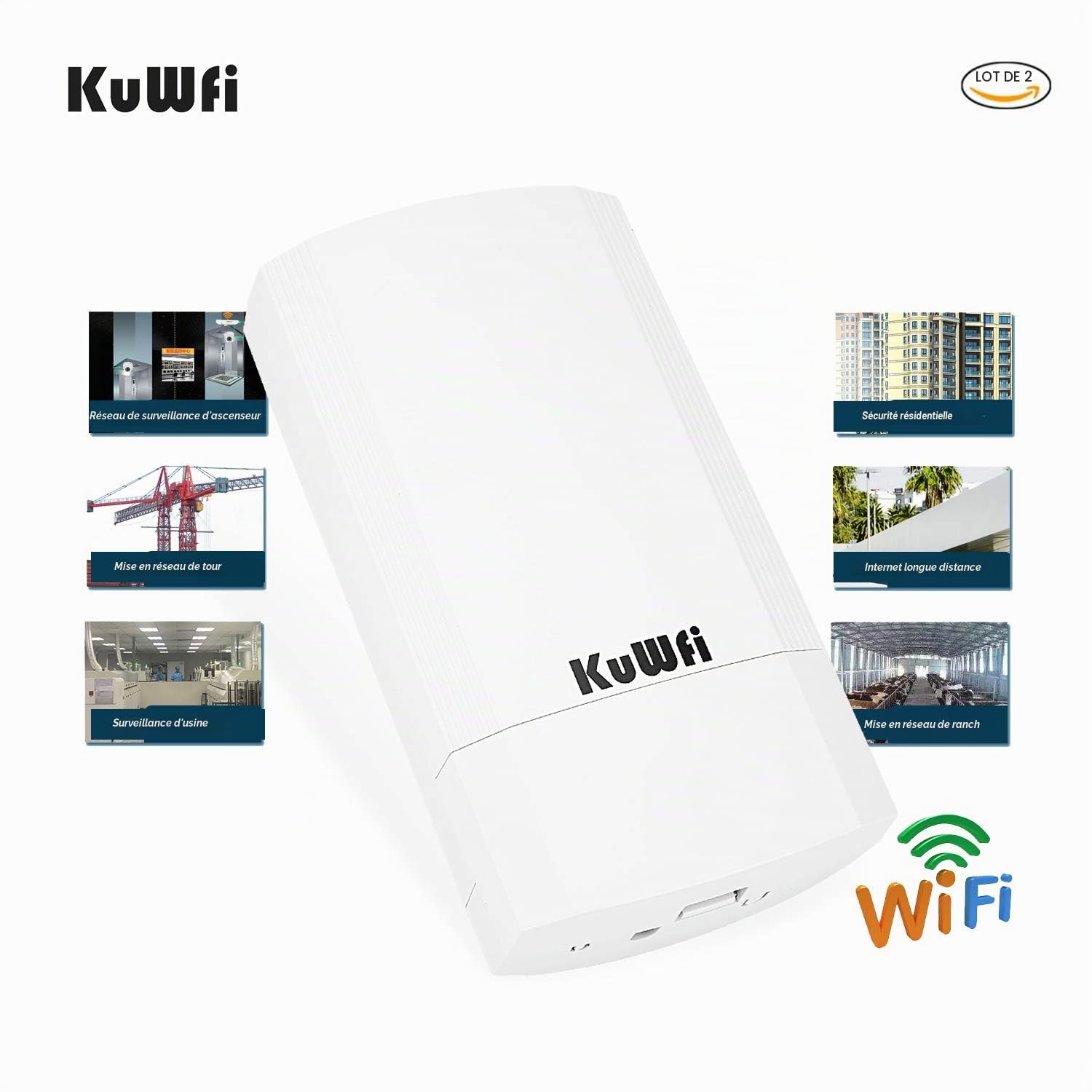 KuWFi Point d'accès WiFi 2-Pack 900Mbps Kit Longue portée intérieur-extérieur Point à Point sans Fil CPE Prend en Charge la Solution de Distance de Transmission de 2-3KM pour PTP, PTMP