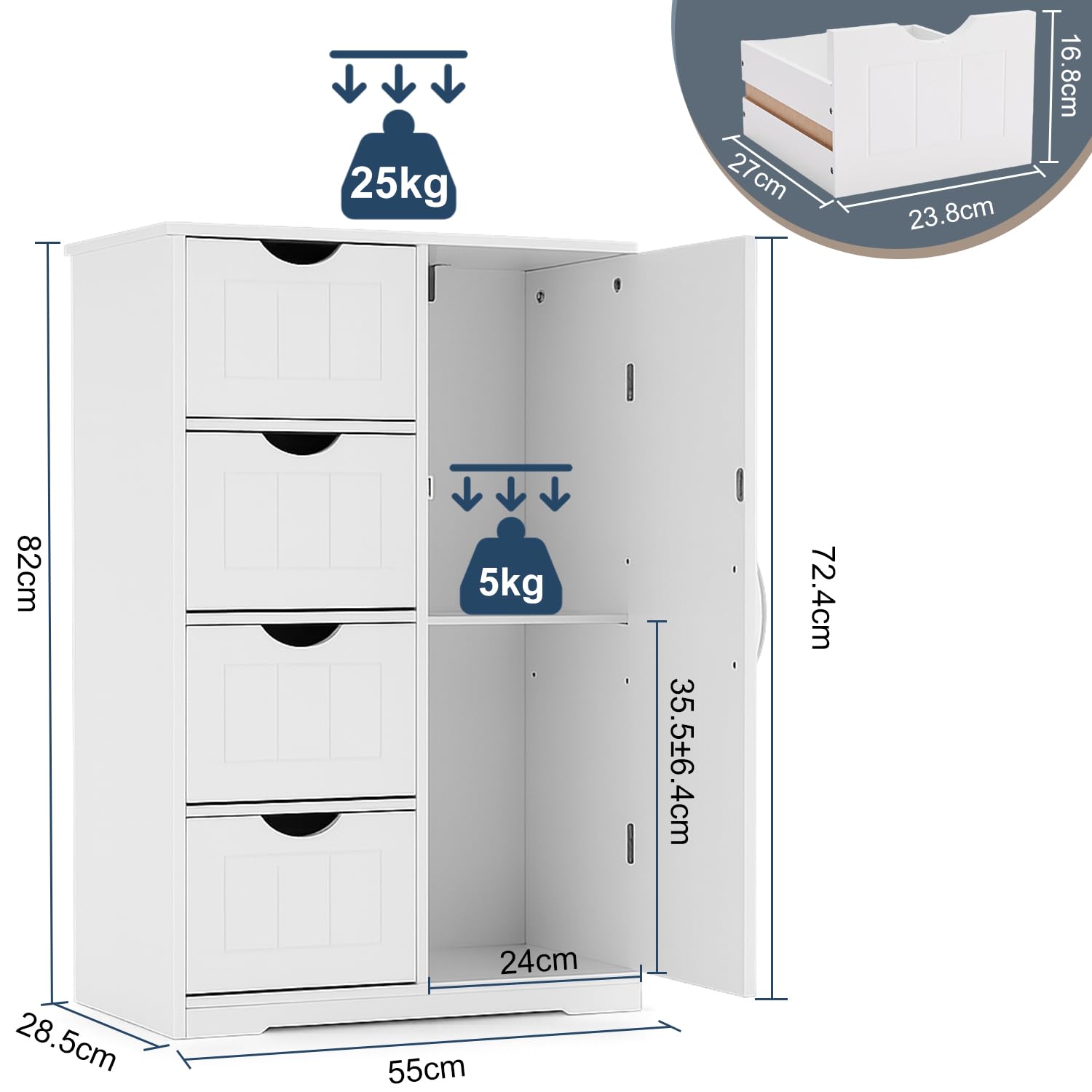 DUMOS Badezimmerschrank, MDF Kommode mit Schubladen, Badschrank Schmal Klein, Beistellschrank mit 4 Schubladen, 60 x 28.5 x 81 cm, für Badezimmer, Wohnzimmer, Schlafzimmer, Esszimmer, Küche, Weiß