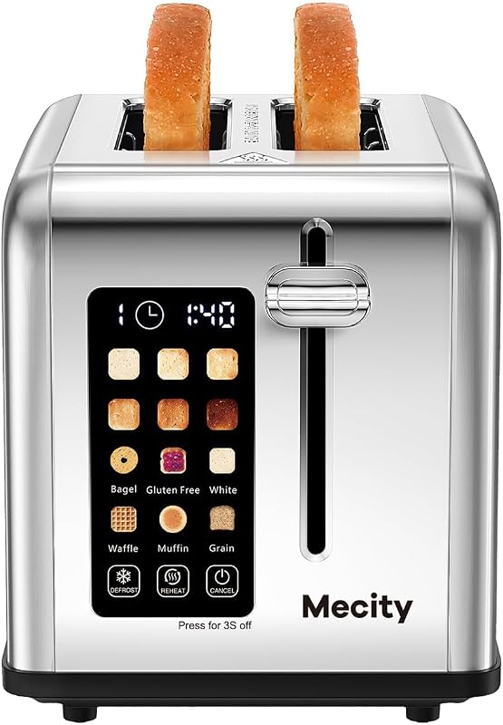 2 Slice Toaster Touch Screen 1.5" Wide Slot, Stainless Steel Smart Bread Toaster for Bagel Muffin Waffle Gluten Free Breads, Timer, Defrost, Reheat, 120V 825W
