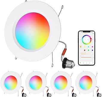 Smart Recessed Lighting, 5/6 inch, Compatible with Alexa, Smart LED Downlight, ‎13W 1050LM Led Lights, Smart Can Lights Multicolor APP Dimmable, 4-Pack