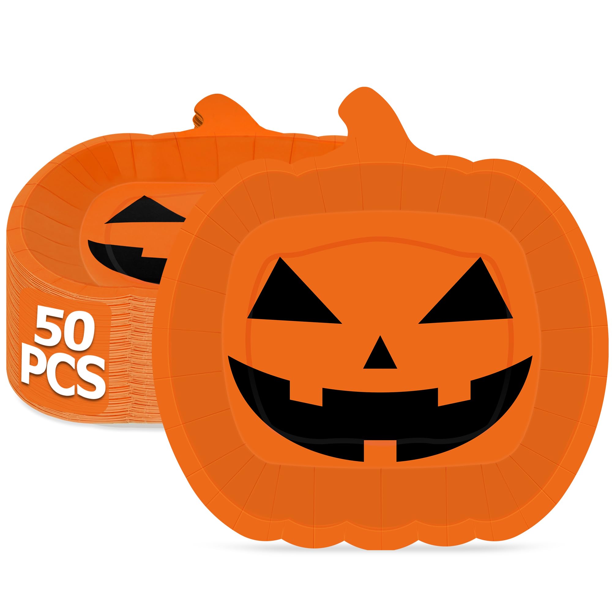QZYL 50 PCS Halloween Plates, 9.6'' X 9.4'' Pumpkin Plates, Disposable Halloween Paper Plates, Orange Pumpkin Grimace Halloween Party Plates for Halloween Decorations Halloween Party Supplies