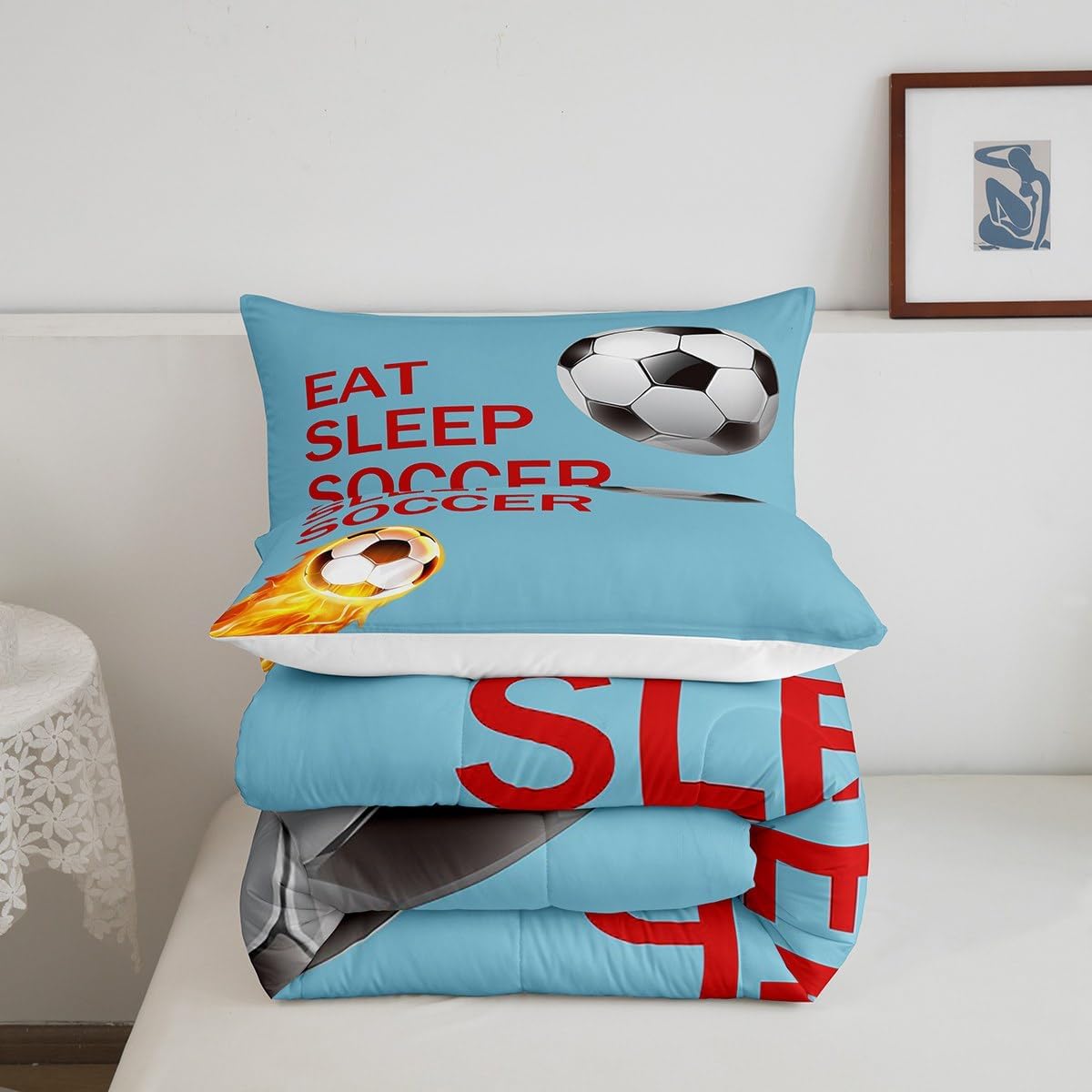 Feelyou Soccer Comforter Set for Kids Boys Girls Football Sports Games Comforter Full Size Soccer Player Bedding Set Bedroom Decor Blue Soccer Ball Quilt Set Bedding Collection 3Pcs