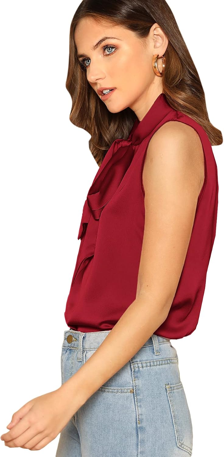 SheIn Women's Solid Bow Tie Neck Sleeveless Casual Work Blouse Shirts Tops