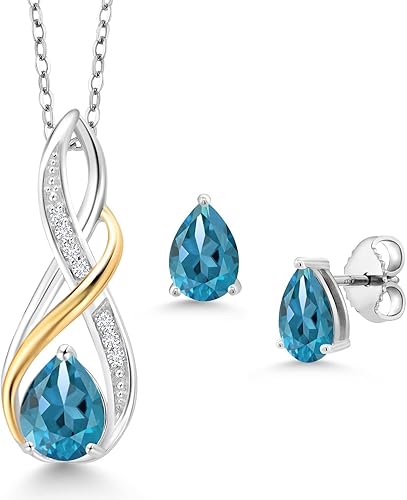 Juego de joyas de plata 925 y oro amarillo de 10 quilates con forma de pera y topacio azul Londres y diamantes blancos cultivados en laboratorio