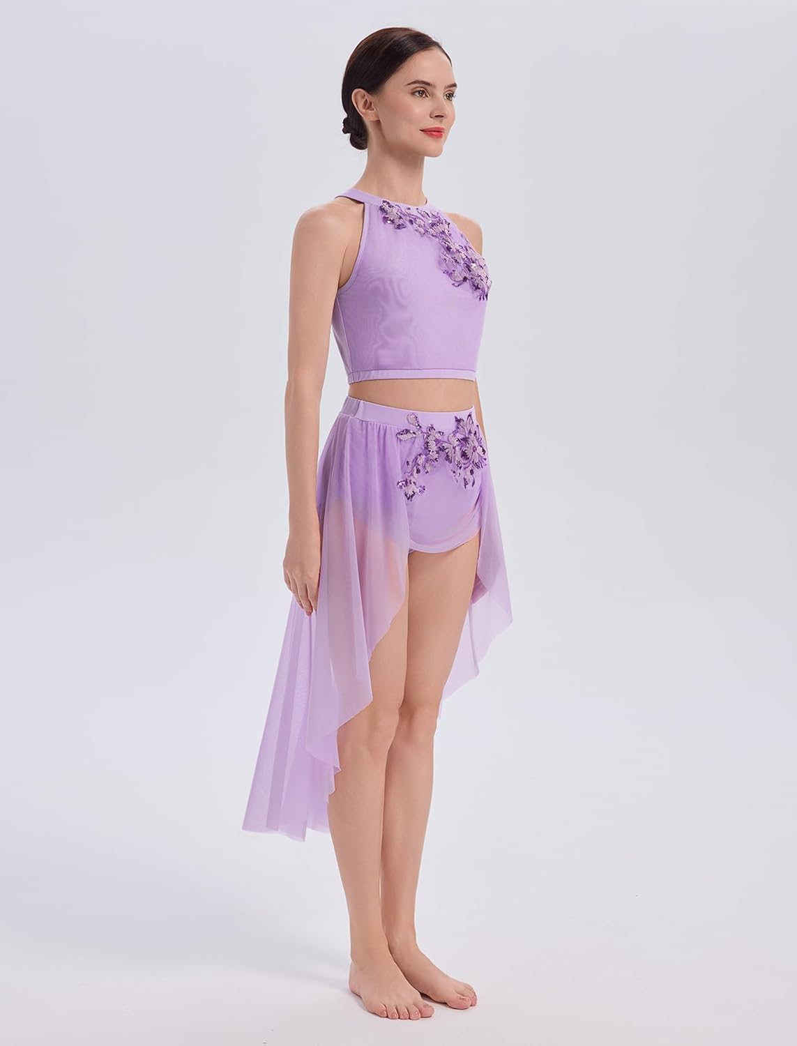 Women Lyrical Dance Costume Halter Floral Sequins Crop Top High-Low Skirt with Briefs Adult Contemporary Dance Dress - Image 5