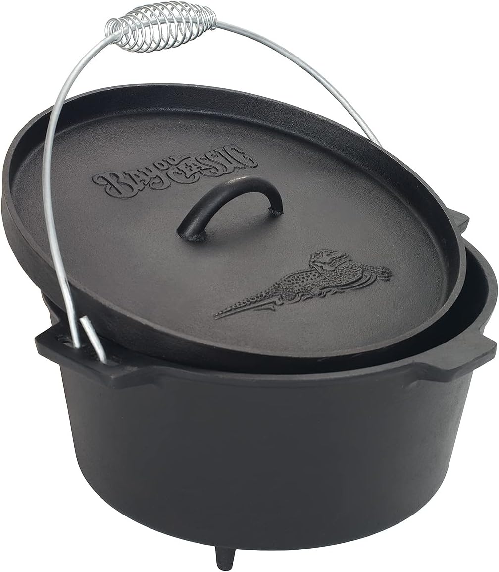Pre-Seasoned Cast Iron Dutch Oven w/ Feet Features Flanged Camp Lid Stainless Coil Wire Handle Grip, 8-qt Perfect For Baking Frying One-Pot Meals Stews and Chili
