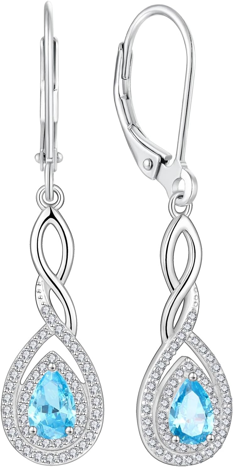 Infinity Dangle Drop Earrings 925 Sterling Silver Teardrop Leverback Earrings Birthstone Jewelry for Women