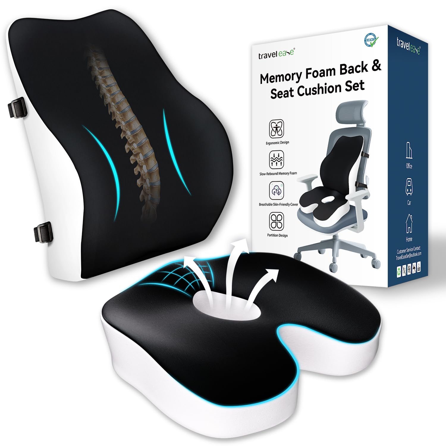 Travel Ease Zestaw Poduszki do Siedzenia i Poduszki Lędźwiowej z Pianka Pamięciowa, Ergonomiczny Komfort do Krzesła Biurowego, Samochodu, Domu i Podróży, Wsparcie dla Pleców i Pośladków, Czarny