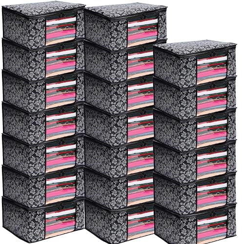 Image of Flower Printed Saree Covers for Cloth Storage & Wardrobe | Transparent Window, Zipper Closure | Black | Pack of 20 | Dustproof, Breathable, Travel & Home Use