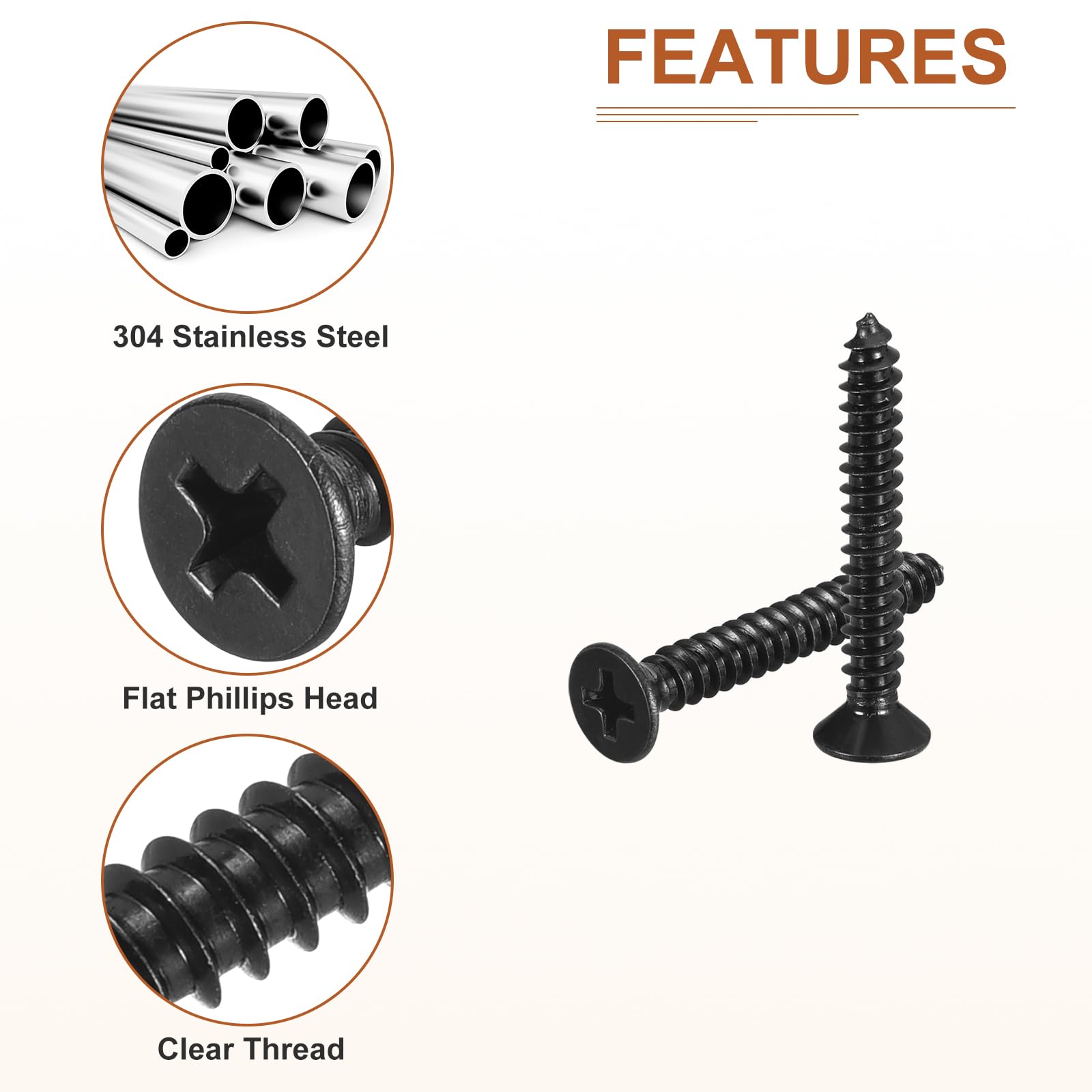 DTGN 100Pcs #10x1-3/8" Flat Head Wood Screws, 304 Stainless Steel Phillips Self Tapping Screws - Good for Woodworking Furniture - Black - Image 4