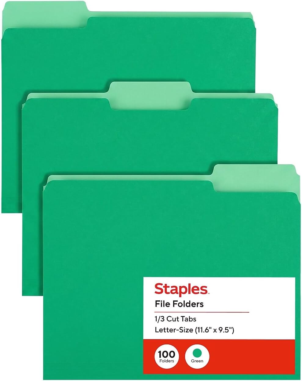 Staples File Folders, Letter Size, 1/3-Cut Tabs, Green, 100/Pack