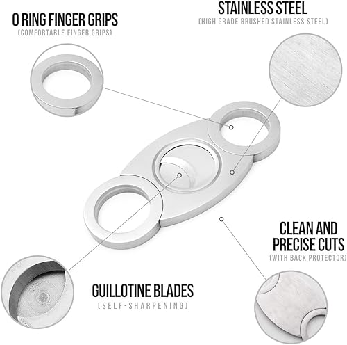 Miniatura 2 de Mrs. Brog Cortador de cigarros de acero inoxidable con protector de espalda, extremos redondos y cuerpo, bolsa de cuero, doble hoja de guillotina