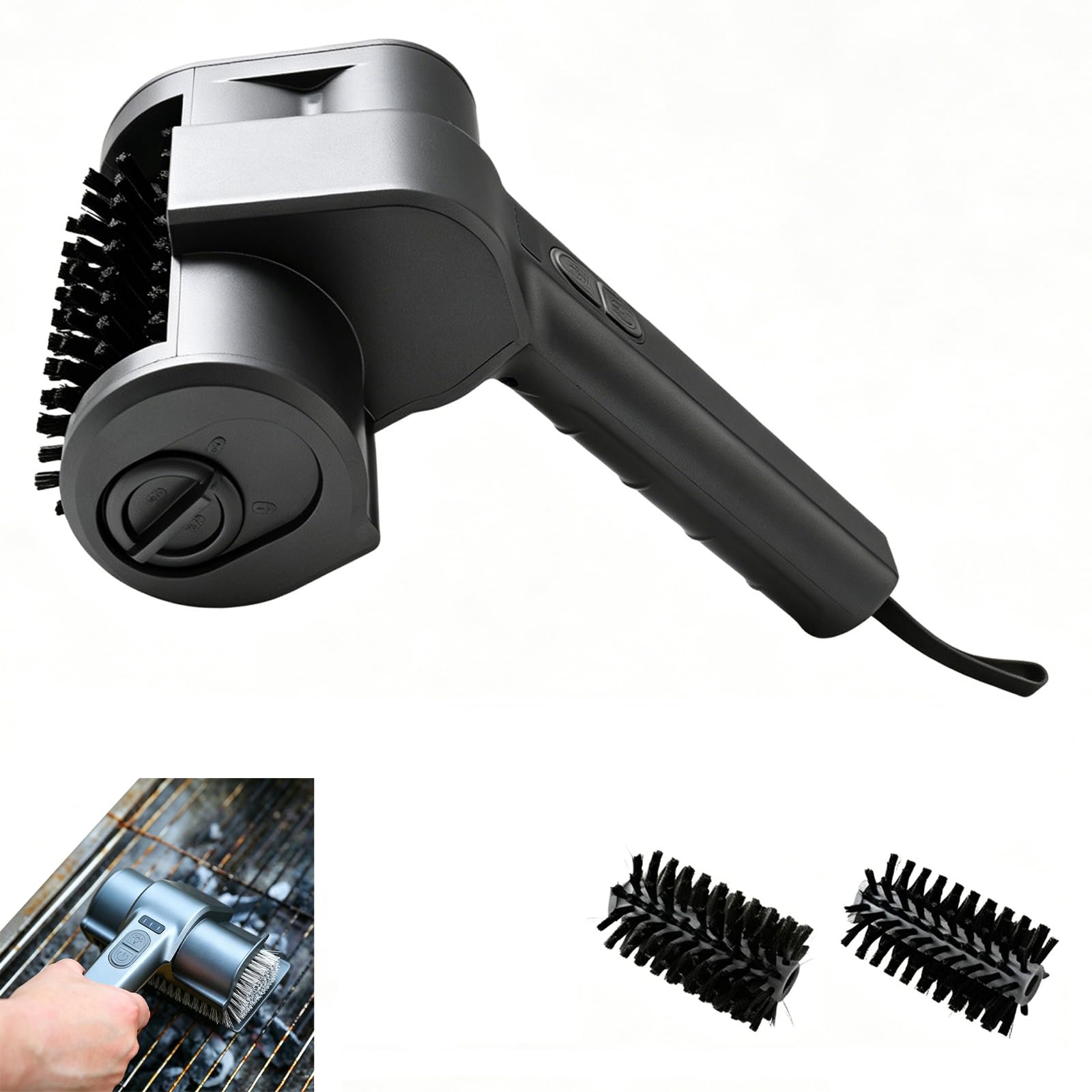 Pulitore Per Griglia Elettrico, Spazzola Per Con Batteria Ricaricabile E 3 Testine, Elettrica Impermeabile Per Griglie In Acciaio Inossidabile Ferro Fuso, Facile Da Usare(2-brush)