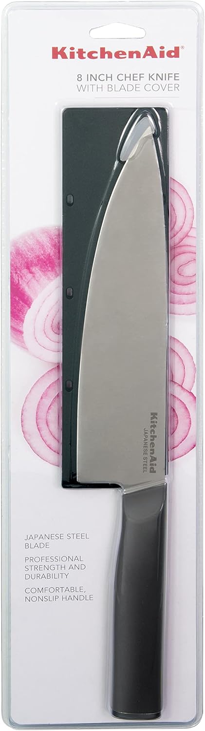 KitchenAid Classic Chef Knife with Custom-Fit Blade Cover, 8-inch, Sharp Kitchen Knife, Japanese Stainless Steel Blade Blade, Black