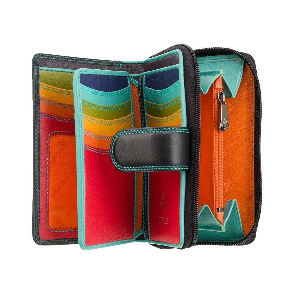 VISCONTI Cartera de cuero suave para mujer, tarjetero, portatarjetas, 2 ventanas para fotografía de identificación, 6 bolsillos deslizantes, 16 ranuras, regalos para mujer, Negro/Rhumba, Talla única