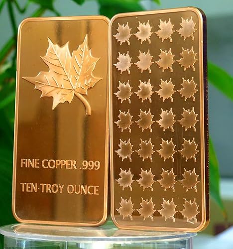 10 Troy Ounce Fine Copper .999 Bar, Maple Leaf Design, Pure Copper Metal Ingot, Collectible Decorative Bar