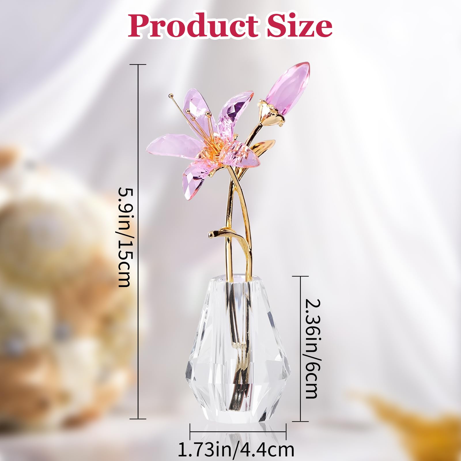 Pink Crystal Lily Flower Collectible Figurines Ornaments, Glass Flowers with Stems - Image 2
