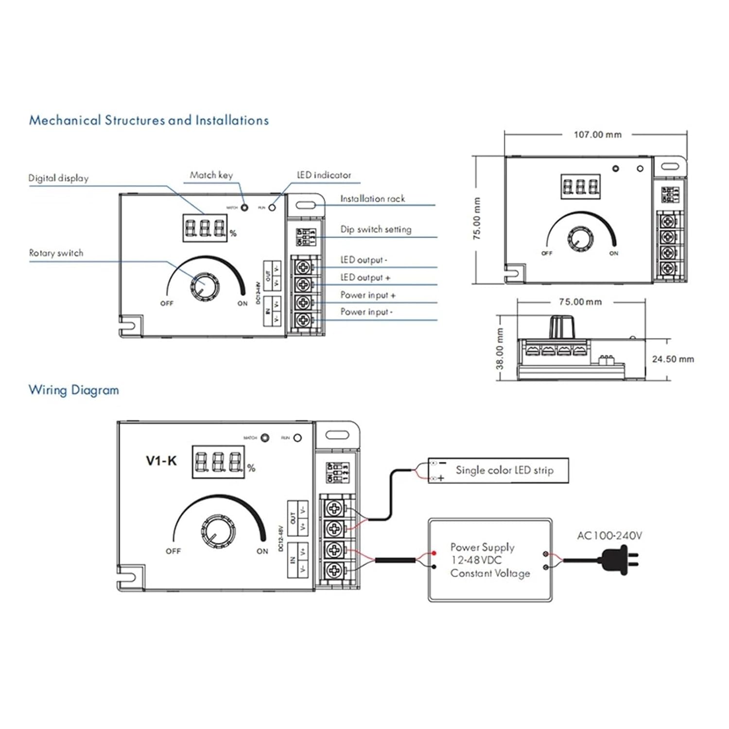 V1-K LED Strip dimmer 12-48V DC PWM Frequency Adjustable 1CH 20A knob 2.4G LED dimmer Touch Remote Control dimmer(V1-K and R11)