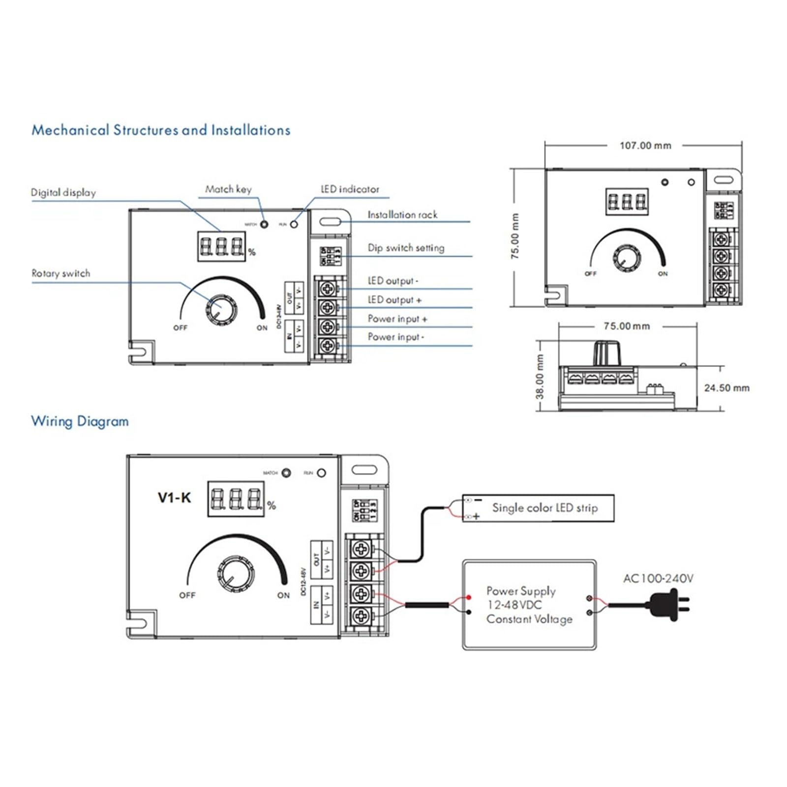 V1-K LED Strip Dimmer 12-48V DC - 20A Adjustable Touch Remote Control with 2.4G Frequency for Smooth Dimming(V1-K and R11)