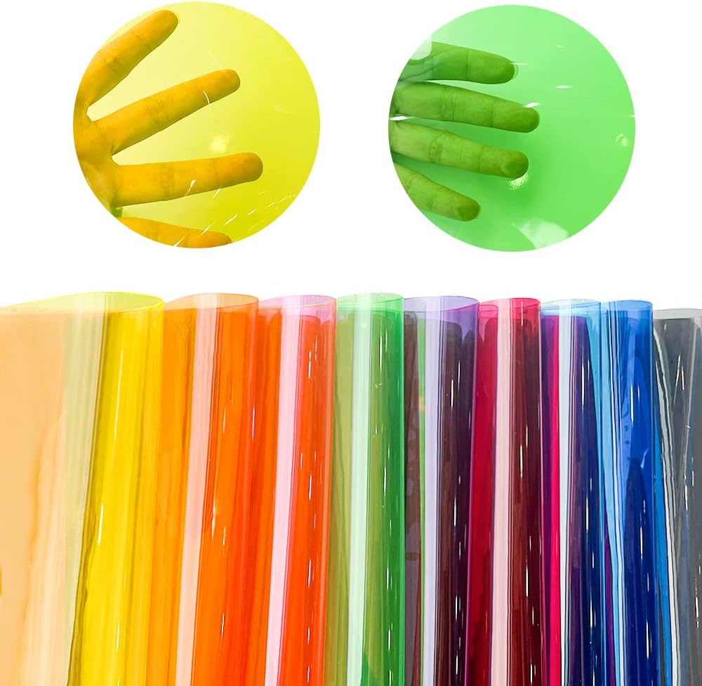 XHT 9 Pcs Clear PVC Vinyl, 21cmx30cm Fluorescent Solid Color Transparent Waterproof Film for Hair Bows Earrings Crafts