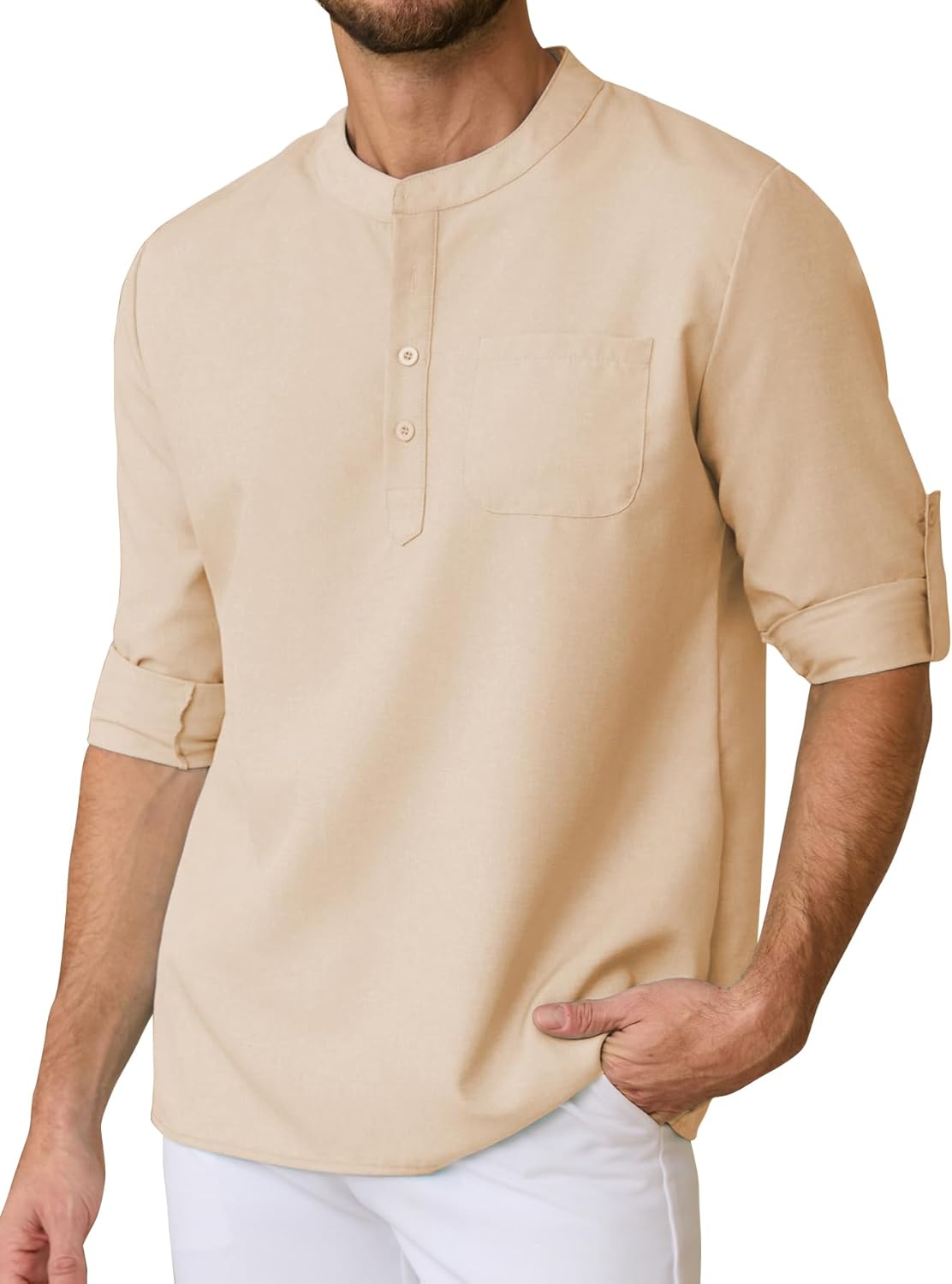 Mens Henley Shirts Long Sleeve Dress Shirt Business Work Office Shirt Summer Beach Cocktail T-Shirts with Pocket