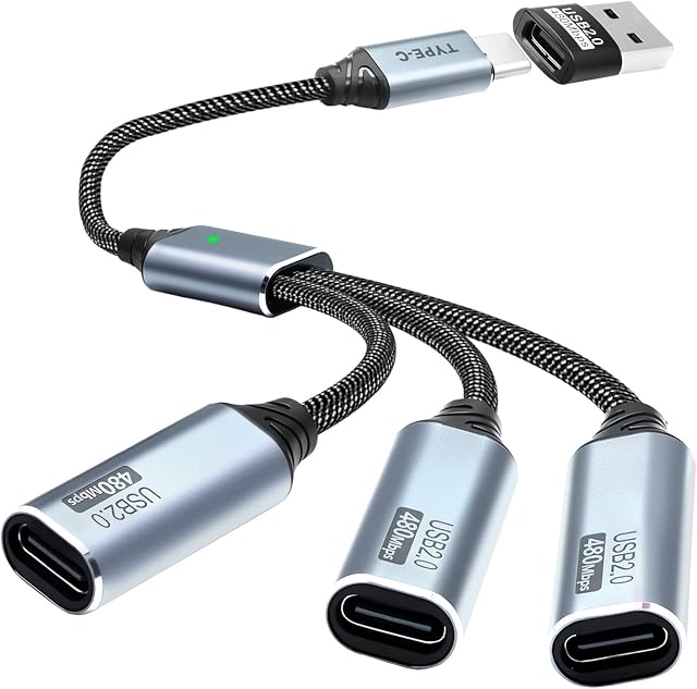 Duttek USB C Splitter 3 in 1, 3-Port USB C Hub with Type A to C Adapter, Type C Male to 3 Female Charging Cable Nylon Braided, 480Mbps Data Transfer, for Laptop, Phone Charging 0.8FT/25CM