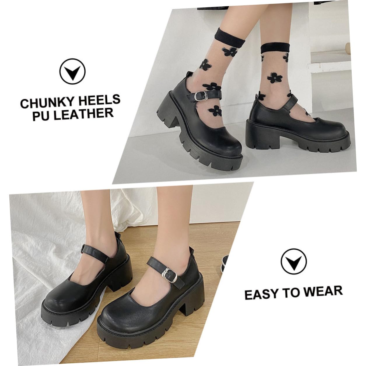 SHOWERORO Zapatos de Tacón de Bloque para Mujer Zapatos con Hebilla y Plataforma de PU para Temporada de Tacón Grueso