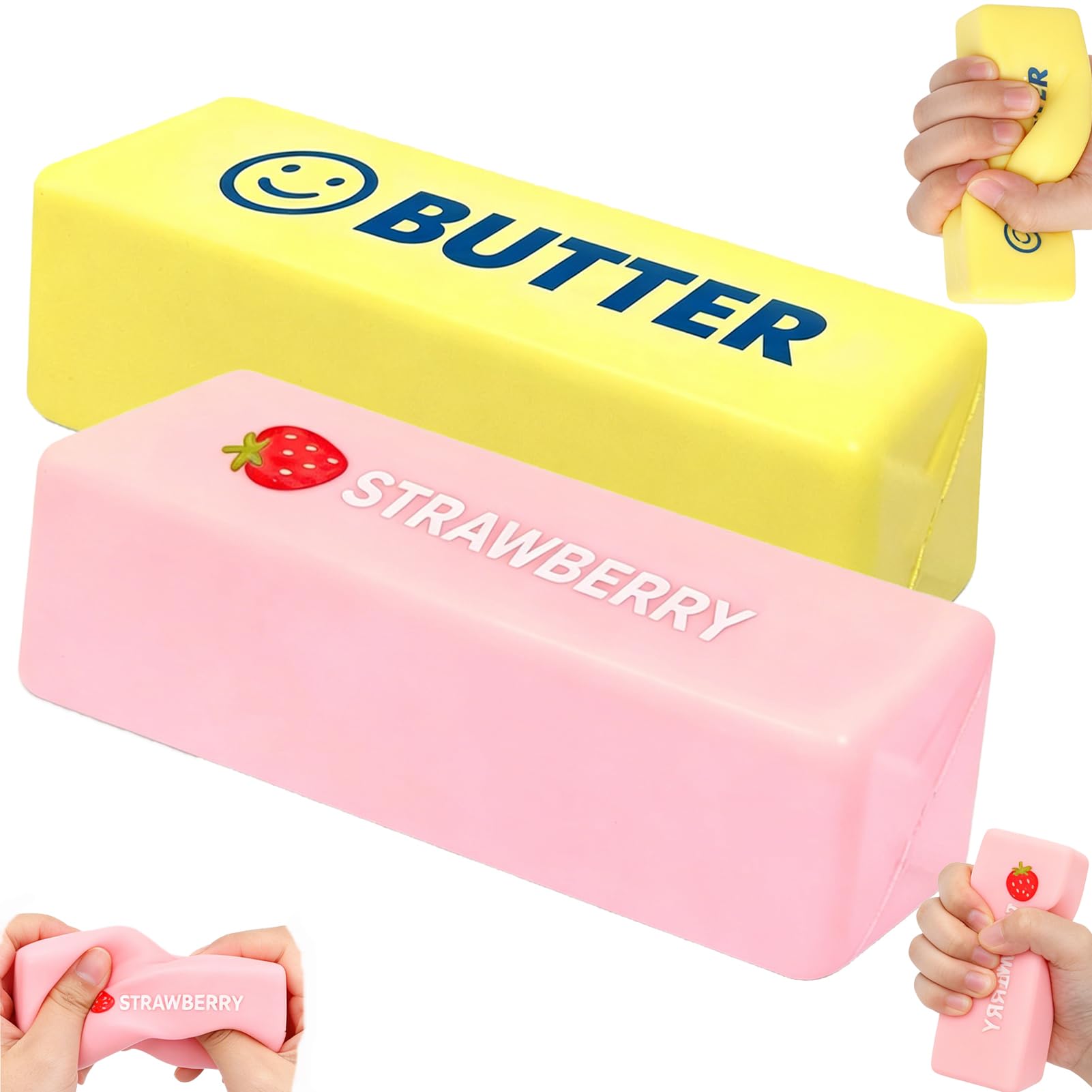 MUVZKQIAN Butter Strawberry Squishy Toy - 2 Pcs Cute Squishy Butter Soft Slow Rising Squishy Stress Relief Sensory Squeeze Toys for Party Bags Desk Gifts Kids Adults Office Home (pink&yellow) — image 1
