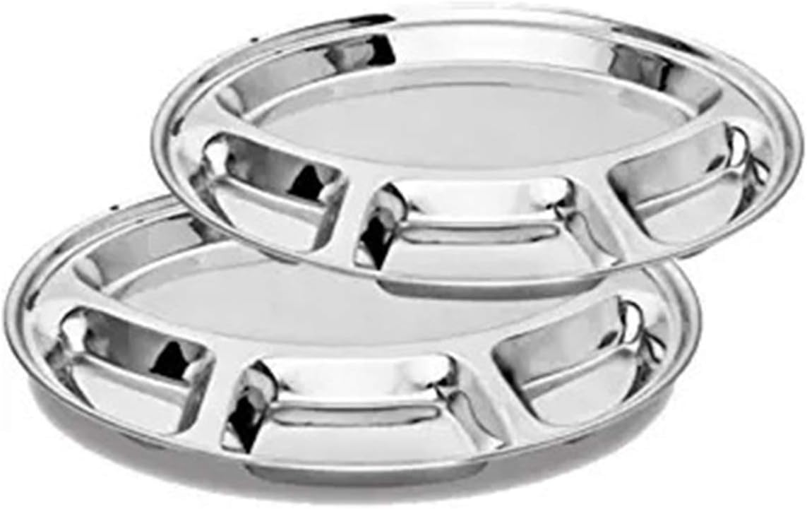 Stainless Steel Round Dining Plate 4 Compartment Thali, Dinner plates, Steel Plates, Restaurant Steel Plates, Dinner Partie Plates, Lunch Dinner Plates - 11.5 Inch - Set of 2