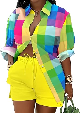 Women Summer 2 Piece Outfits Loose Fit Long Sleeve Button Shirt and Sexy Shorts Vacation Cute Sets