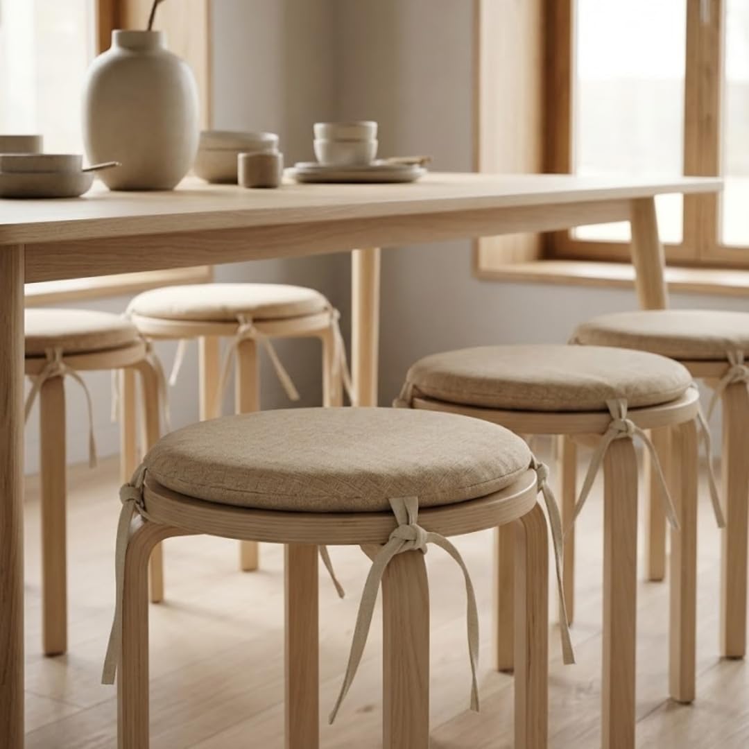 PIND Cojines Redondos para Silla 30x30x3cm - Relleno de Espuma Confort - Funda con Cremallera Lavable - 4 Lazos de Sujeción - Ideal para Cocina, Jardín y Taburetes. (4, Lino)