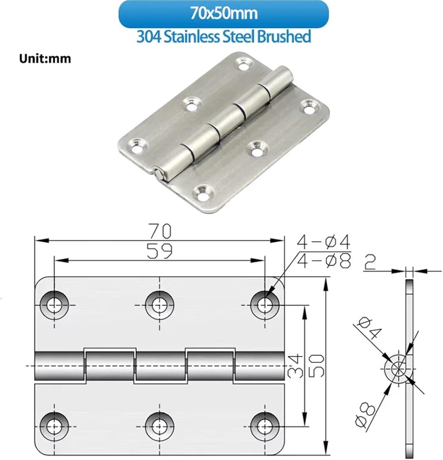 Industrial Folding Hinge Galvanized Iron or 304 Stainless Steel for Distribution Cabinet Door, Pack of 1 (304 Brushed)