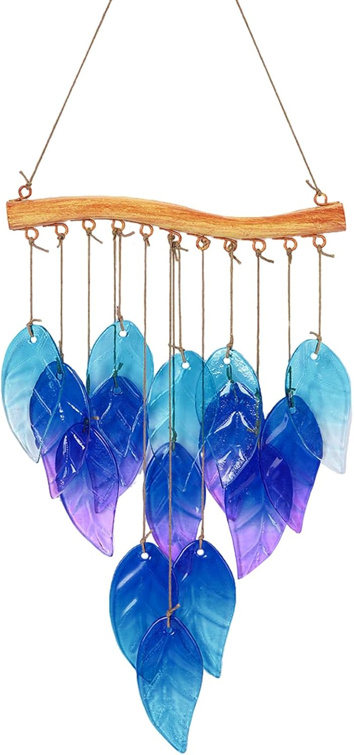 Wind Chimes Blue Glass Leaves, Garden Wind Chime for Home, Party, Festival Decor, Glass Garden Patio Yard Porch Decoration Indoor/Outside, Lifelike Leaf Style