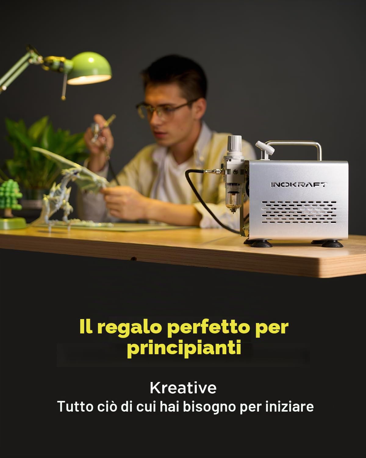 InoKraft Kit aerografo con compressore 1/6 HP silenzioso, pistola aerografo, 3 ugelli (0,2, 0,3 & 0,5 mm) tubo, supporto e istruzioni, aerografo per pittura modello, regalo per bambini 4 colori
