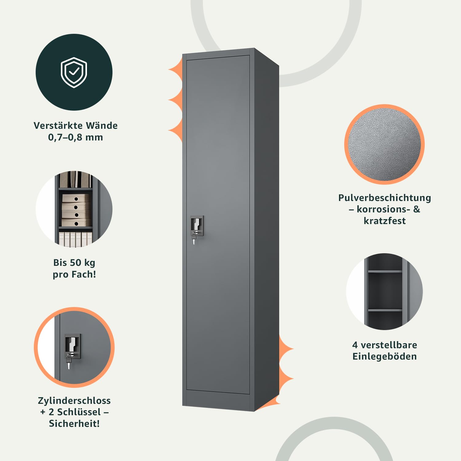 murando - Aktenschrank mit 4 Fachböden, Metallschrank Abschließbar, Büroschrank, Mehrzweckschrank, Pulverbeschichtet - 185x40 cm x 40 cm tief, Hellgrau