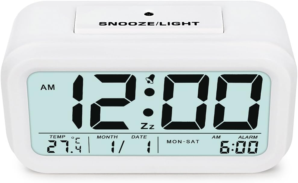 Digital Alarm Clock Electronic Table Clock Large LCD Display Date Temperature Dimmer Snooze & Nightlight, Desk & Shelf Clock for Kids' Room, Home Office Kitchen Bedside Clock, White