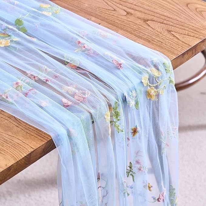 Lot de 2 Chemins de Table en Dentelle 300cm, Napperon Tulle Brodé Fleuri pour Mariage Anniversaire, Déco Salle à Manger Chic(2pcs Blue)