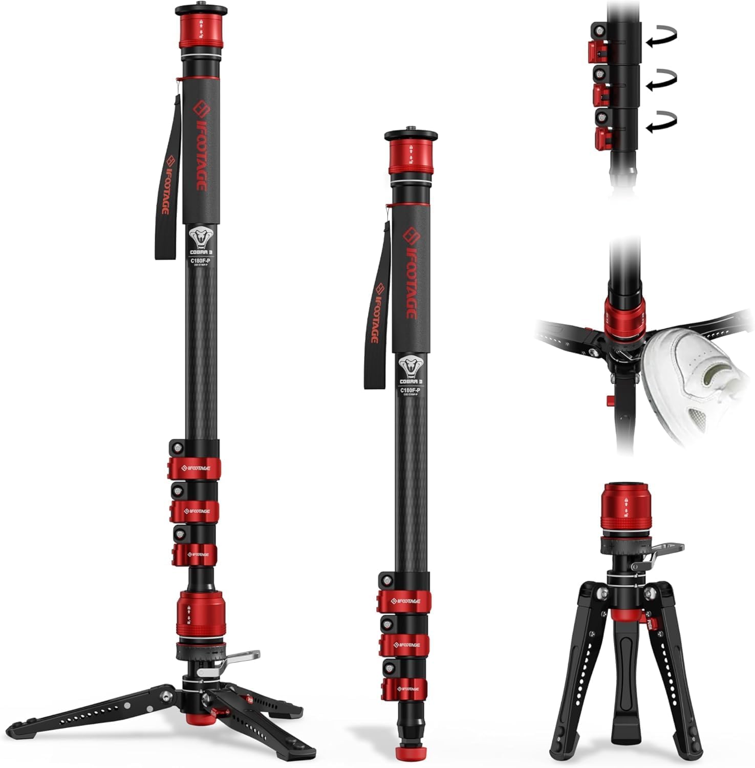 Monopod with Pedal Cobra 3 C180F-P, 71" Monopod for Cameras Portable Travel Mono pod with Feet, Mono pod Camera Stand Compatible with Sony Canon Nikon DSLR Camera, Max Load 17.64 lbs