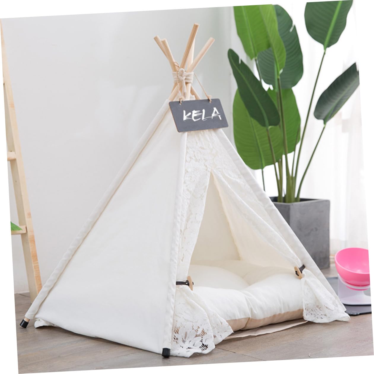 Niche pour Chien Pliable en Toile Coussin Amovible, Tente Triangulaire en Toile Lavable de Taille Moyenne, Abri Confortable et Portable pour Petits Chiens et Chiots