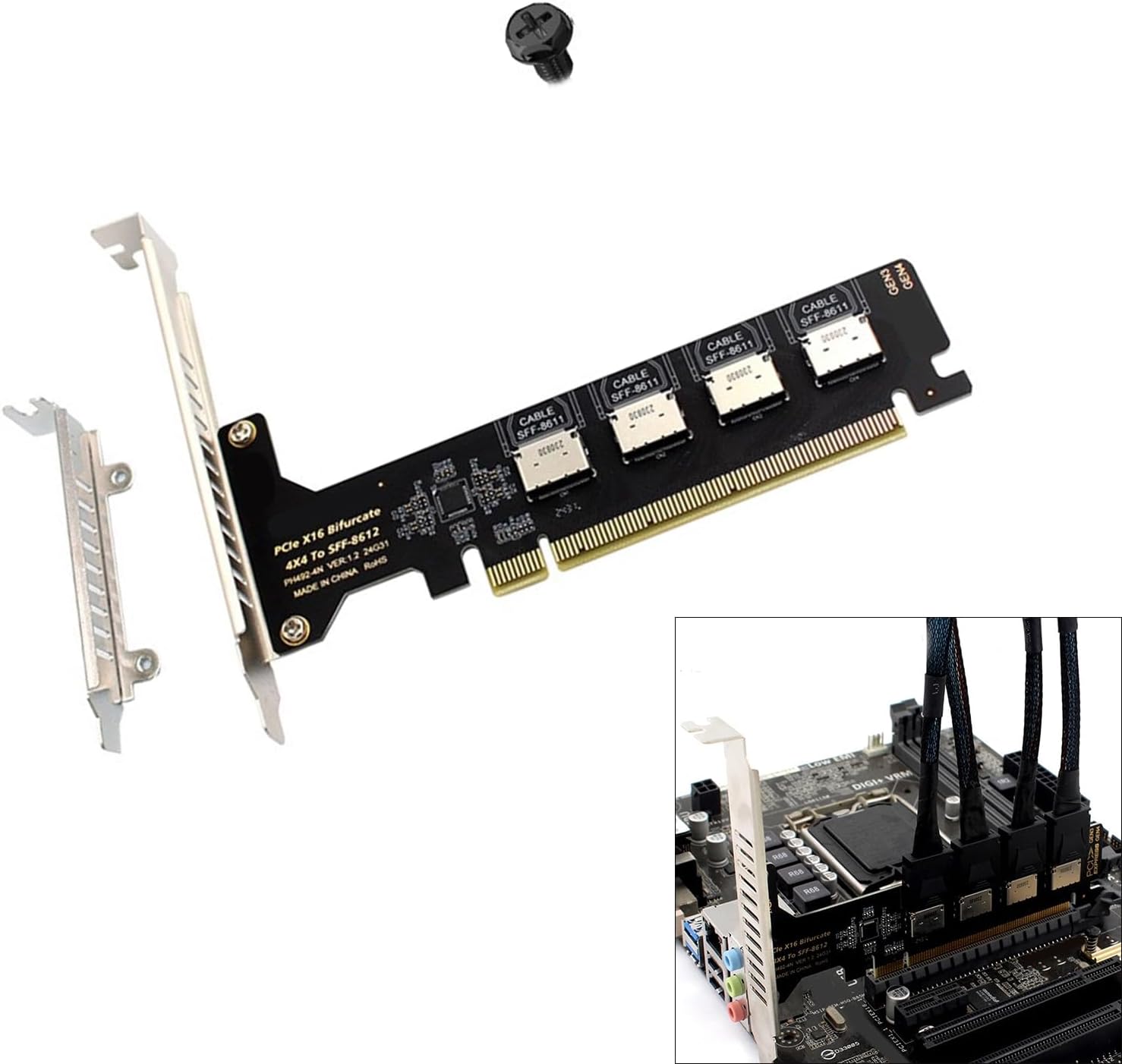 PCIe X16 Adapter to 4 Port SFF 8612 SFF 8611 Split X4X4X4X4 Ensures Stable Connection for Multiple Disks Graphics Card Adapter