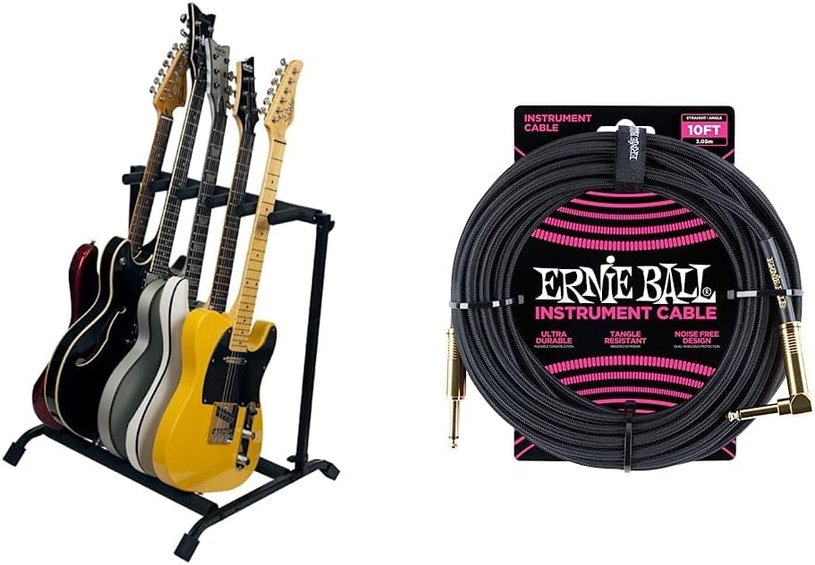 Rok-It Multi Guitar Stand Rack with Folding Design; Holds up to 5 Electric or Acoustic Guitars (RI-GTR-RACK5) & Ernie Ball Braided Instrument Cable, Straight/Angle, 10ft, Black (P06081)