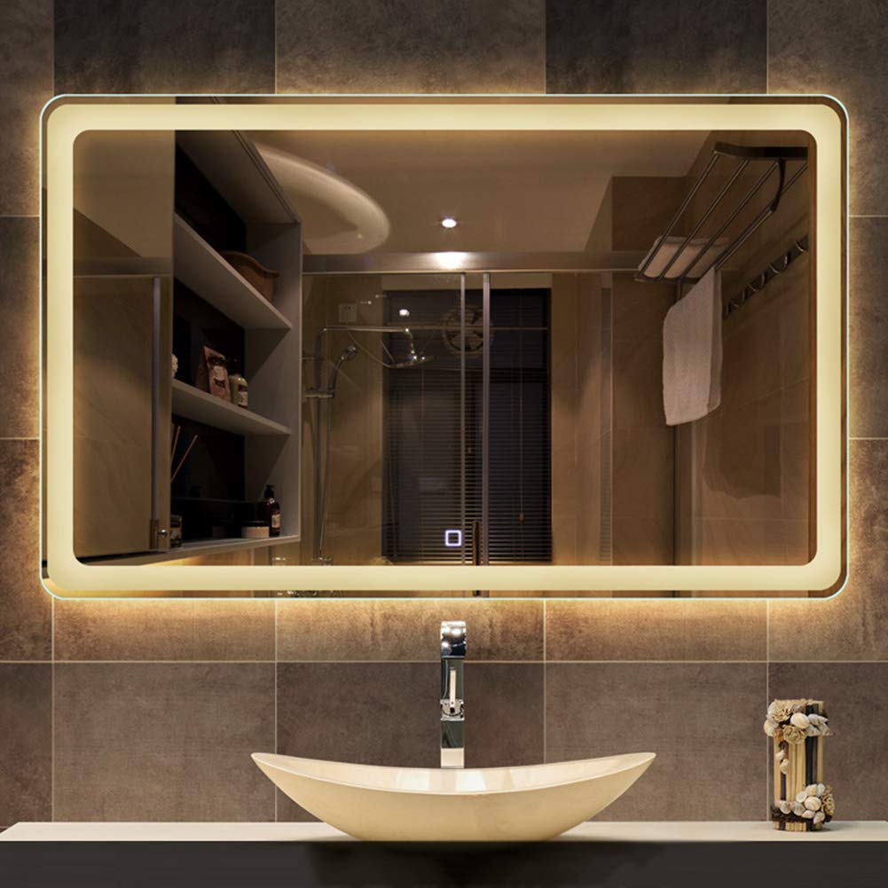 Bathroom Mirror Wall Mounted LED Illuminated Silver Mirror Rectangular Frameless with Led Lighted Vanity Makeup Shaving for Bedroom