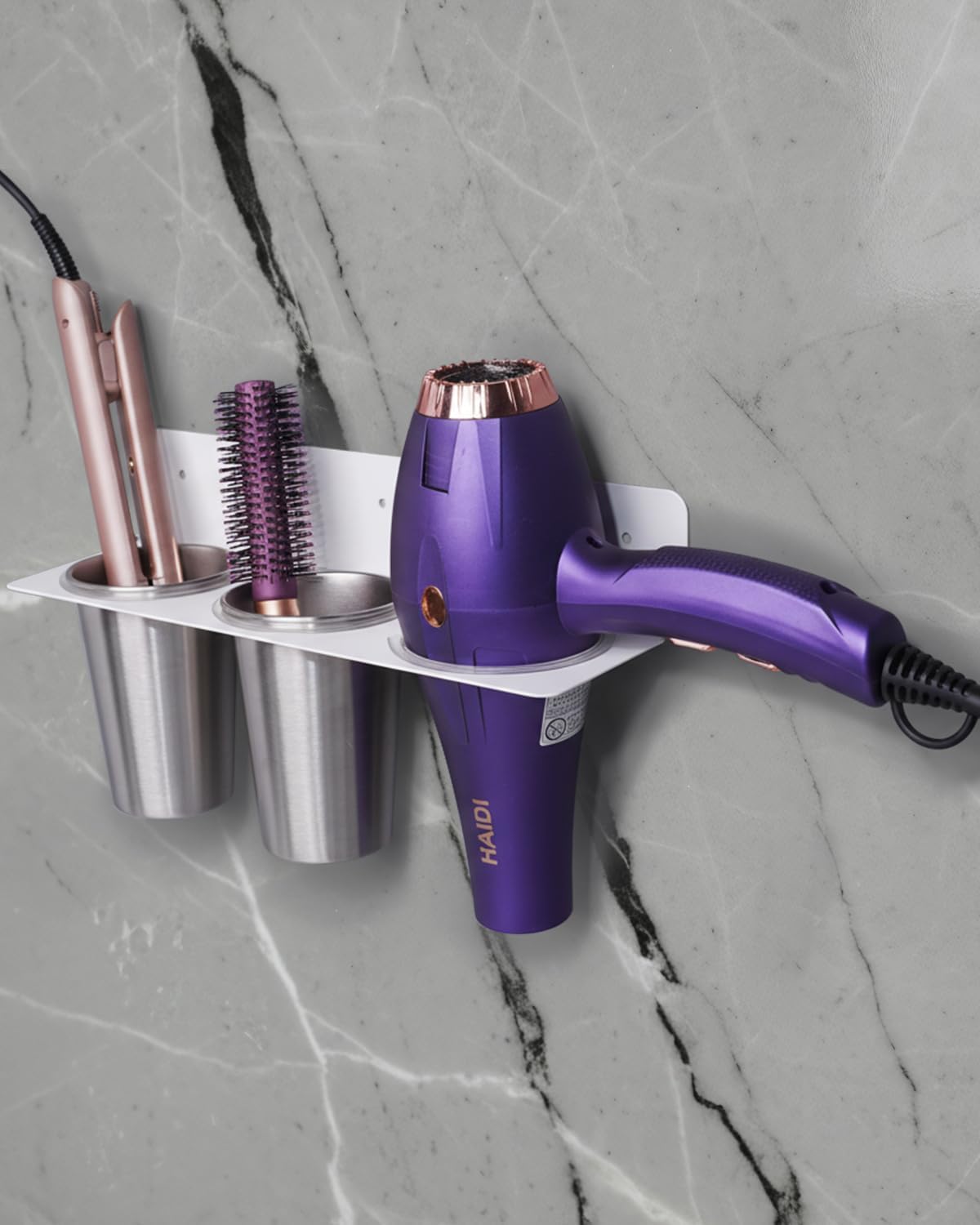 hair tool organizer wall mount, stainless steel hair tool holder with 2 heat-resistant cups, curling iron holder for vanity, hot tools organizer with pvc ring,hair dryer holder for bathroom