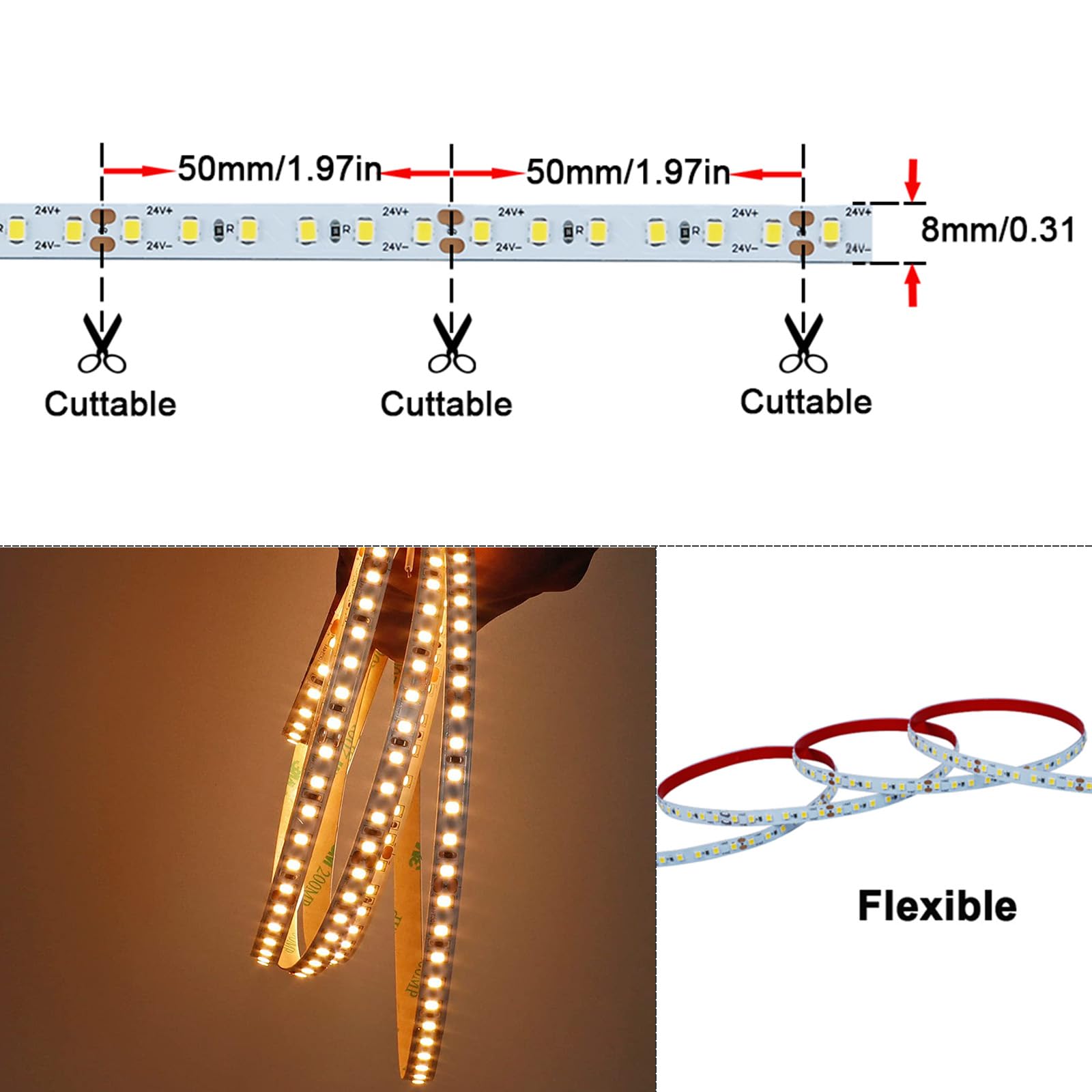 GOMING Tira LED 20M 24V Blanco Cálido 3000K Brillo Alto 12000lm Alta Densidad 2400LED 2835 SMD Not Impermeable IP20 Luces LED para Gabinete Armario y más(Sin Alimentación)