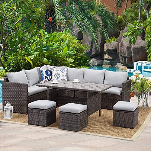 Wisteria Lane Outdoor Patio Furniture Set, 7 Piece Outdoor Dining Sectional Sofa with Dining Table and Chair, All Weather Wicker Conversation Set with Ottoman, Light Grey Cushion