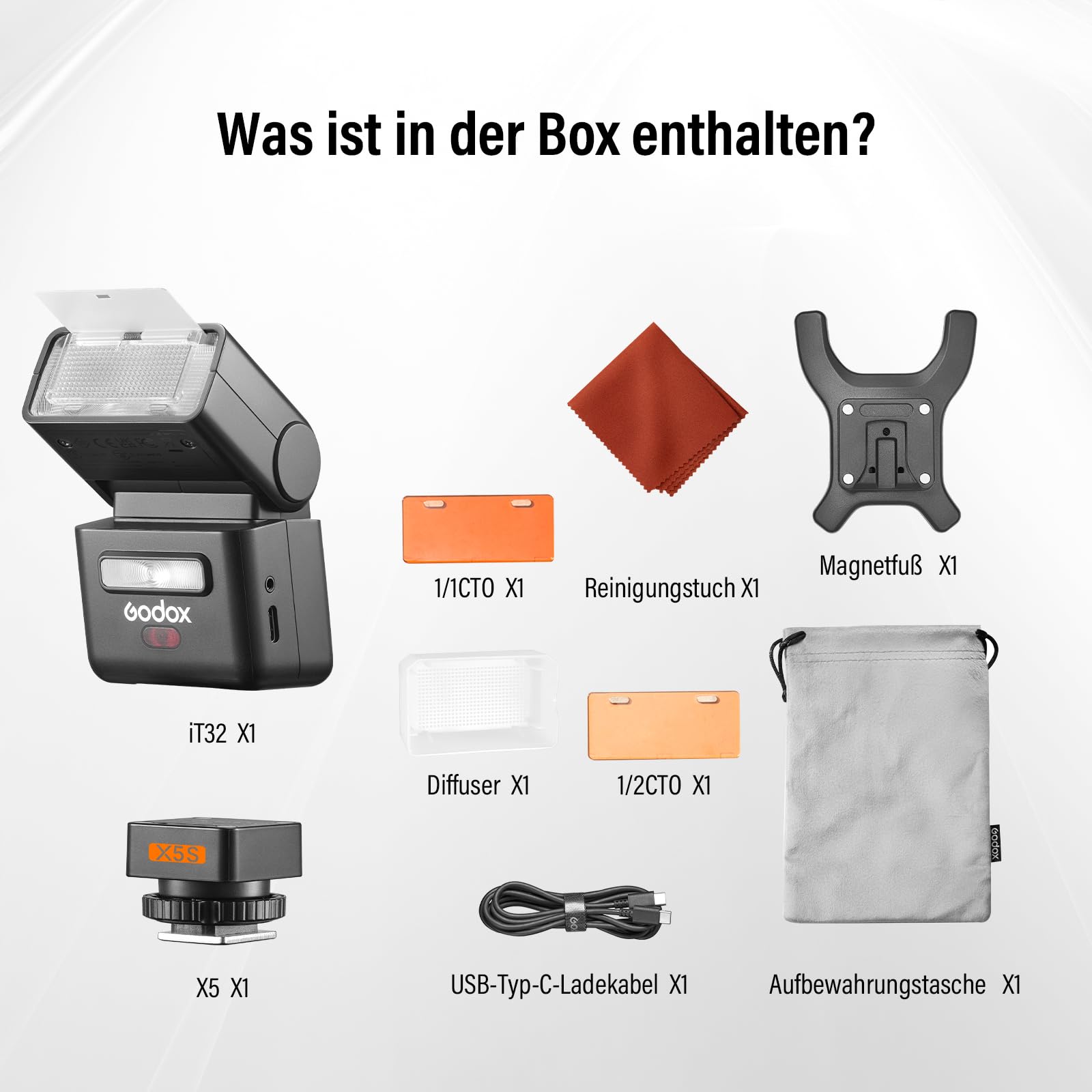 Godox IT32 für Sony Kamera Blitzgeräte IT32 TTL Mini Flash mit X5S Blitzauslöser Diffusor HSS 2.4GHz X-System GN18 Kamerablitz Touchscreen Integrierter Reflektor LED-Licht Magnetischer Farbfilter